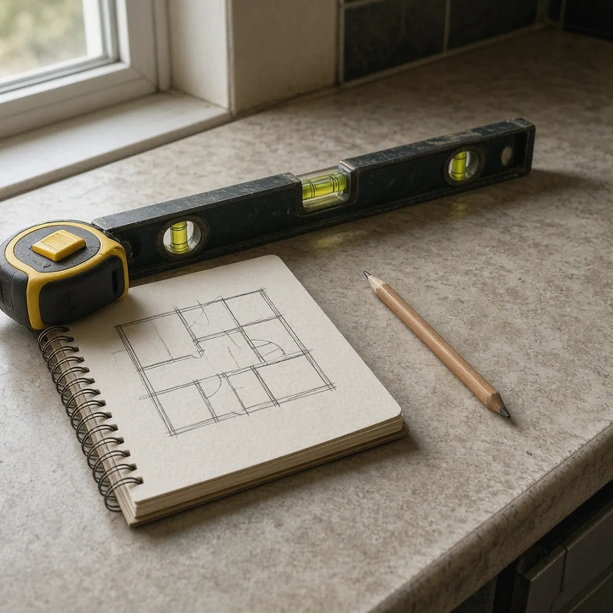 Floor plan sketch, level and tape measure on a counter