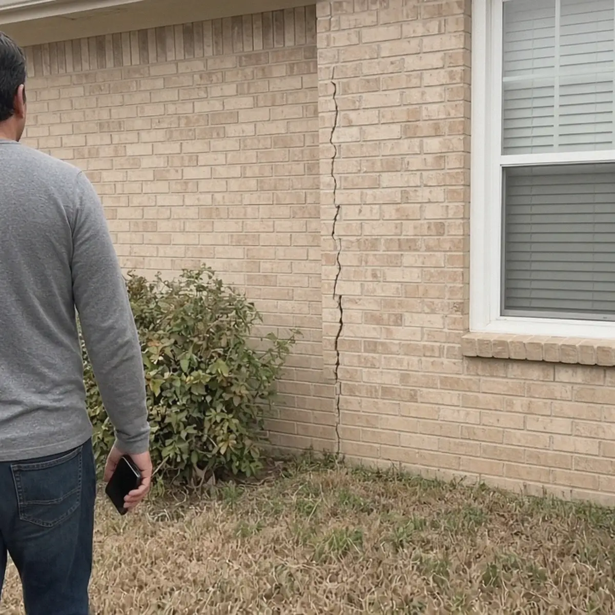 Homeowner looking at a crack in a brick wall
