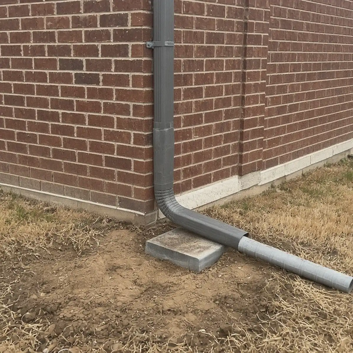 Downspout with an extension across a dry lawn