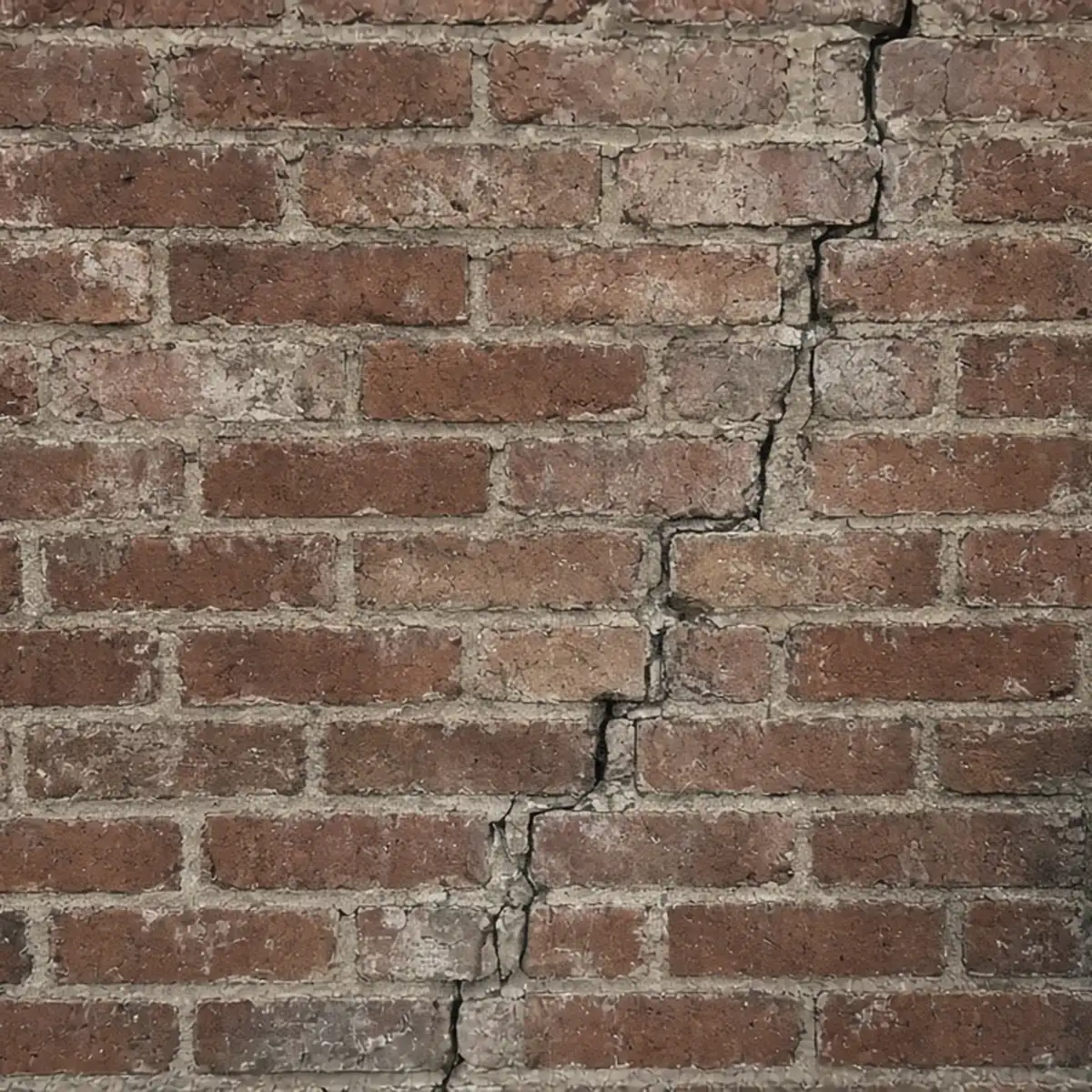 Stair-step crack in a brick wall beside a window