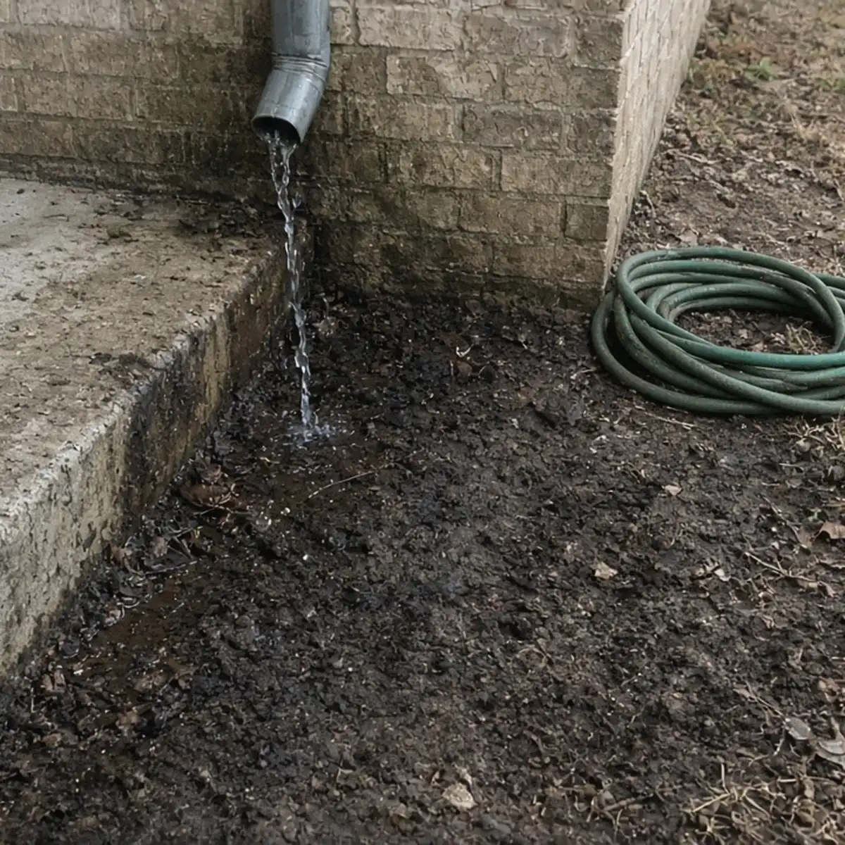 Damp soil beside a slab edge with a dripping downspout