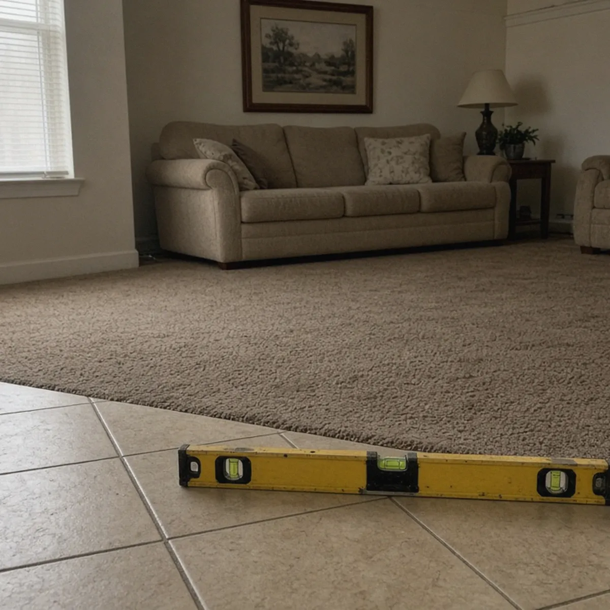 Level and a rolled marble showing a dip in a living room floor