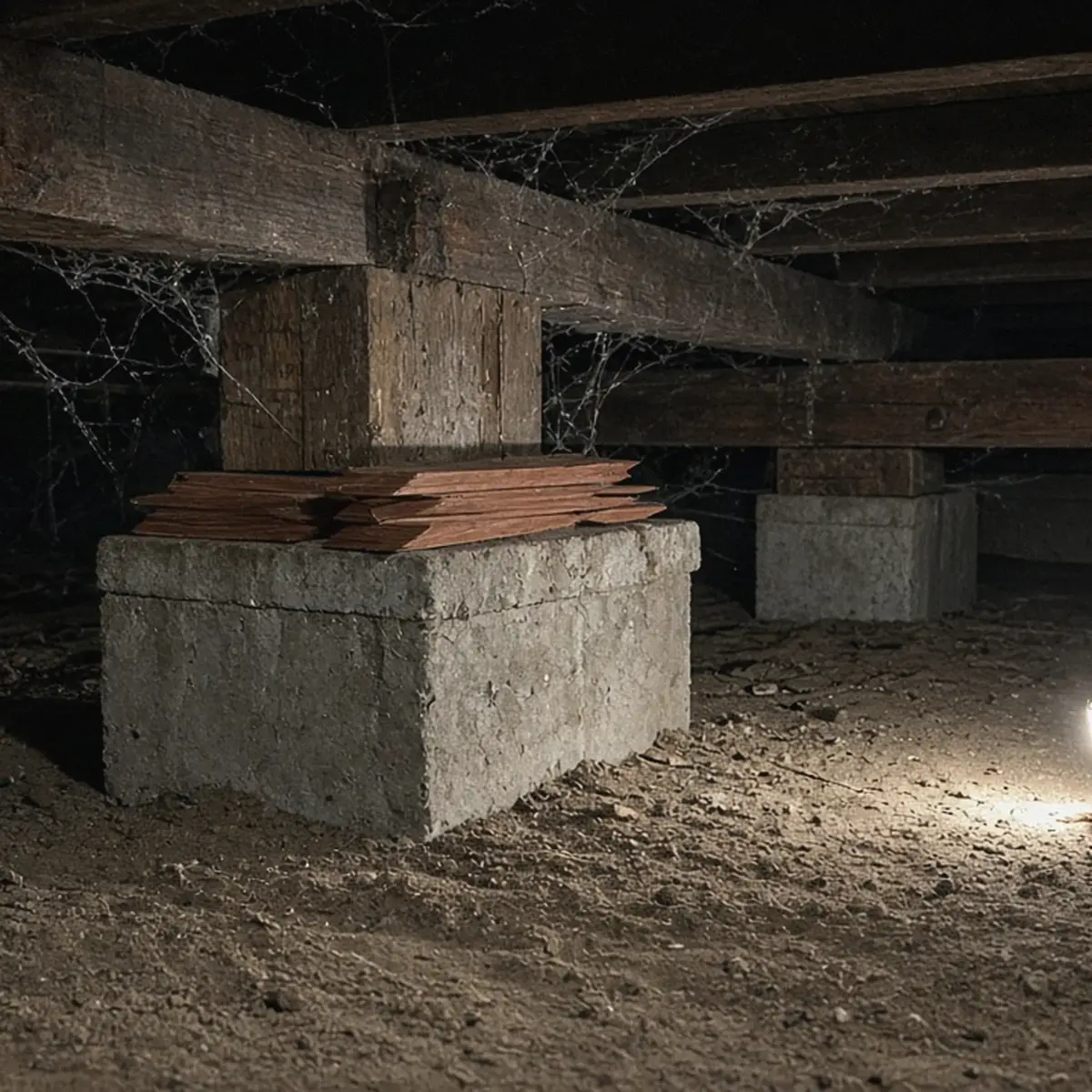 Crawl space with concrete piers and wood beams and shims on a pier cap