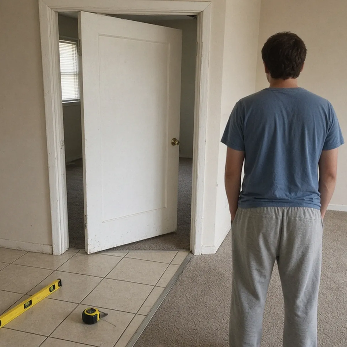 Level and tape measure on a bedroom floor beside a door that sits out of square